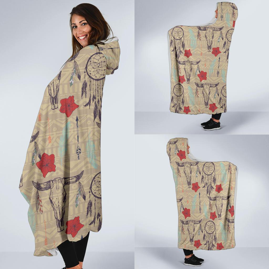 Native Buffalo Head Themed Design Print Hooded Blanket-JTAMIGO.COM
