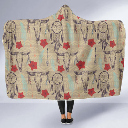 Native Buffalo Head Themed Design Print Hooded Blanket-JTAMIGO.COM