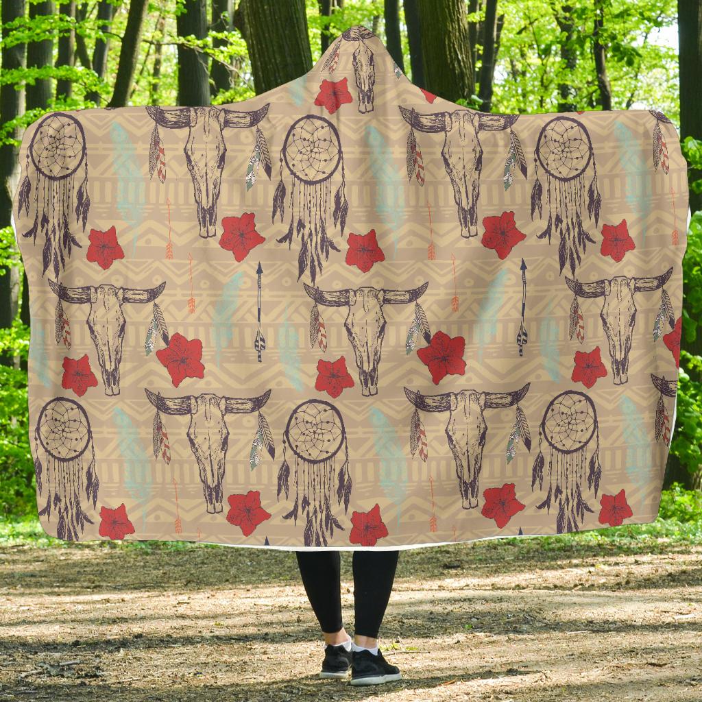 Native Buffalo Head Themed Design Print Hooded Blanket-JTAMIGO.COM