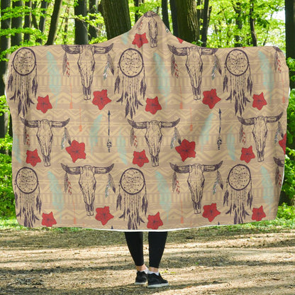 Native Buffalo Head Themed Design Print Hooded Blanket-JTAMIGO.COM