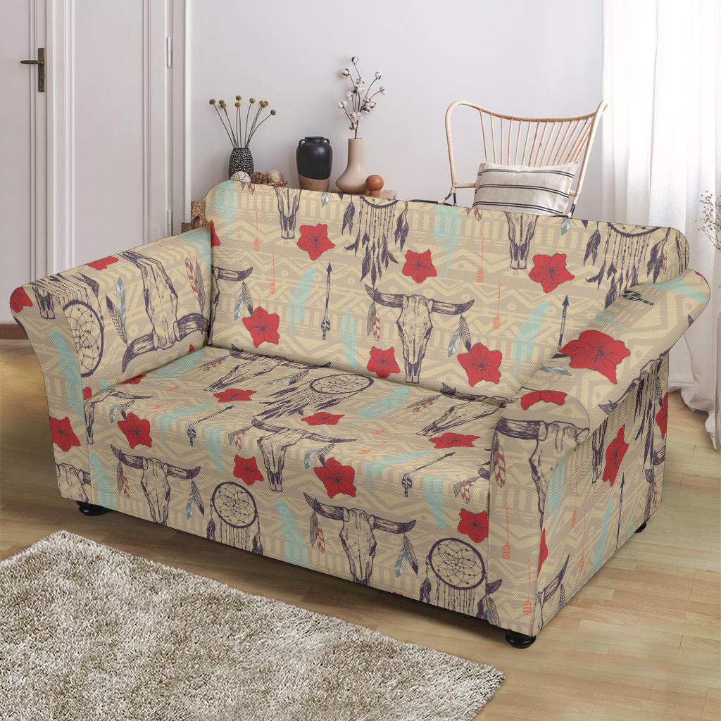 Native Buffalo Head Themed Design Print Loveseat Slipcover-JTAMIGO.COM