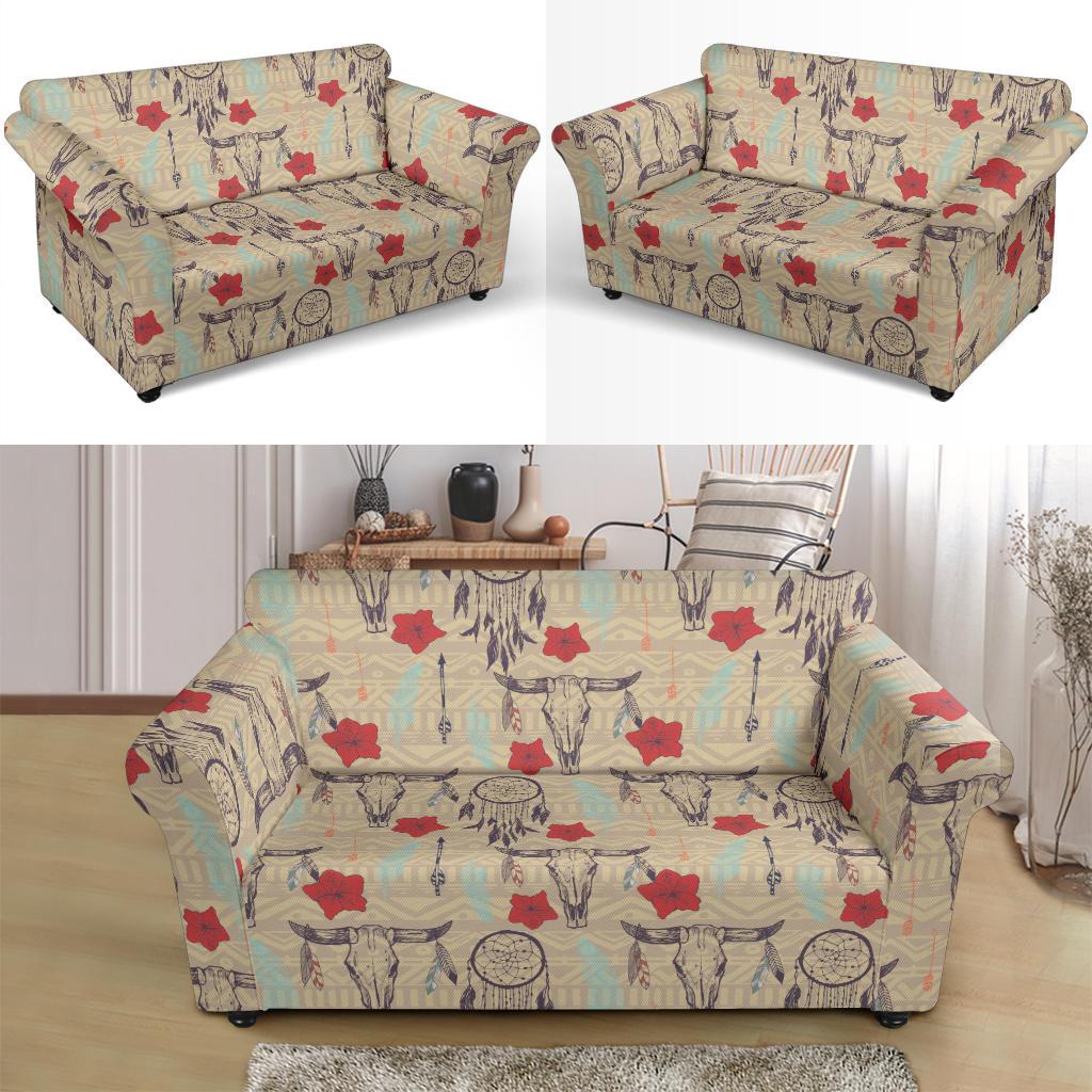 Native Buffalo Head Themed Design Print Loveseat Slipcover-JTAMIGO.COM