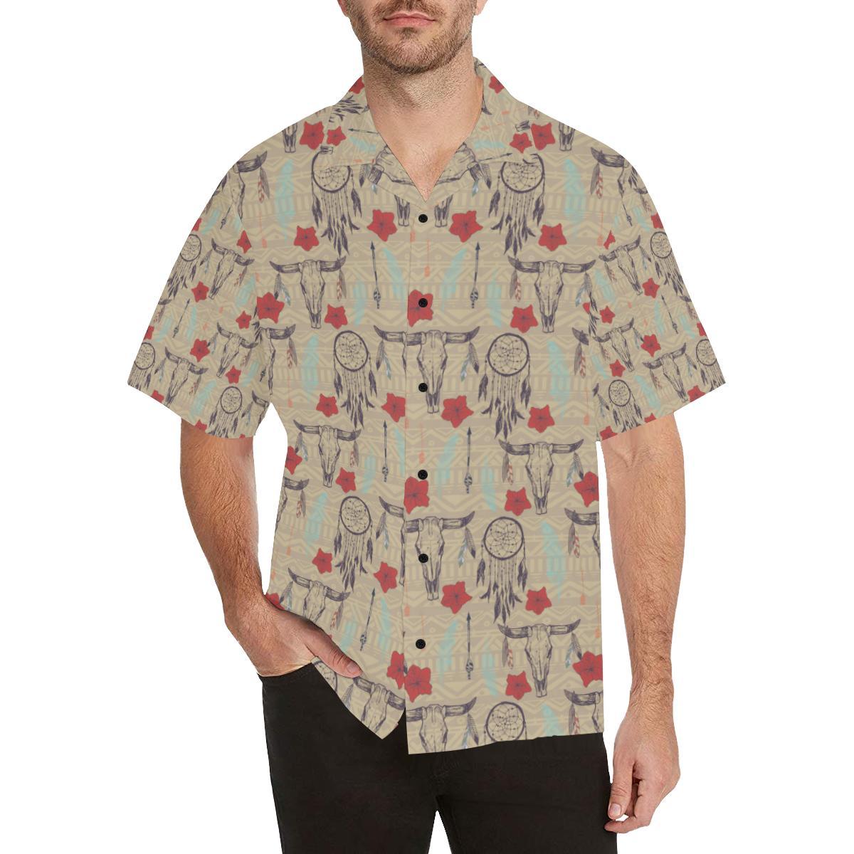 Native Buffalo Head Themed Design Print Men Aloha Hawaiian Shirt