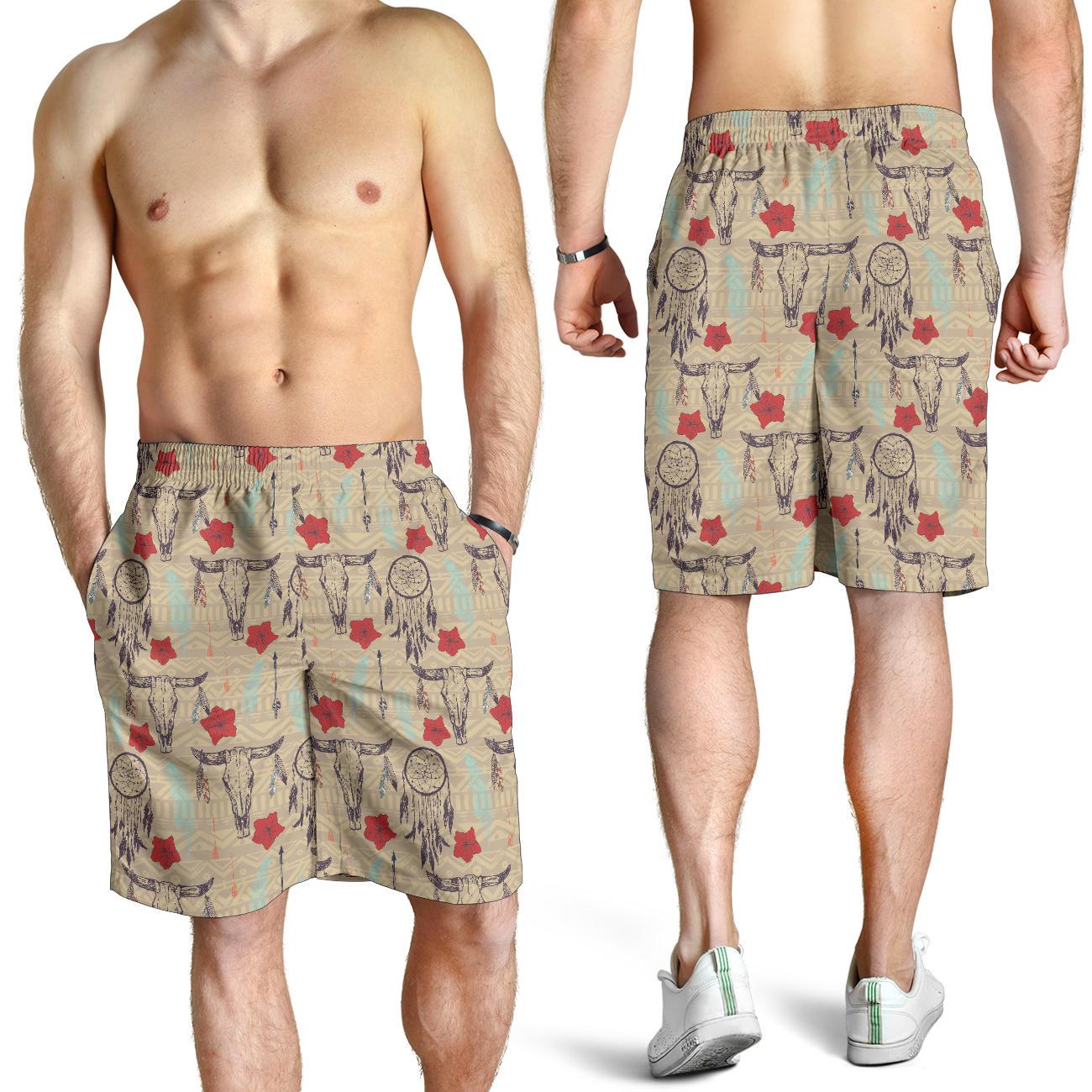 Native Buffalo Head Themed Design Print Mens Shorts-JTAMIGO.COM
