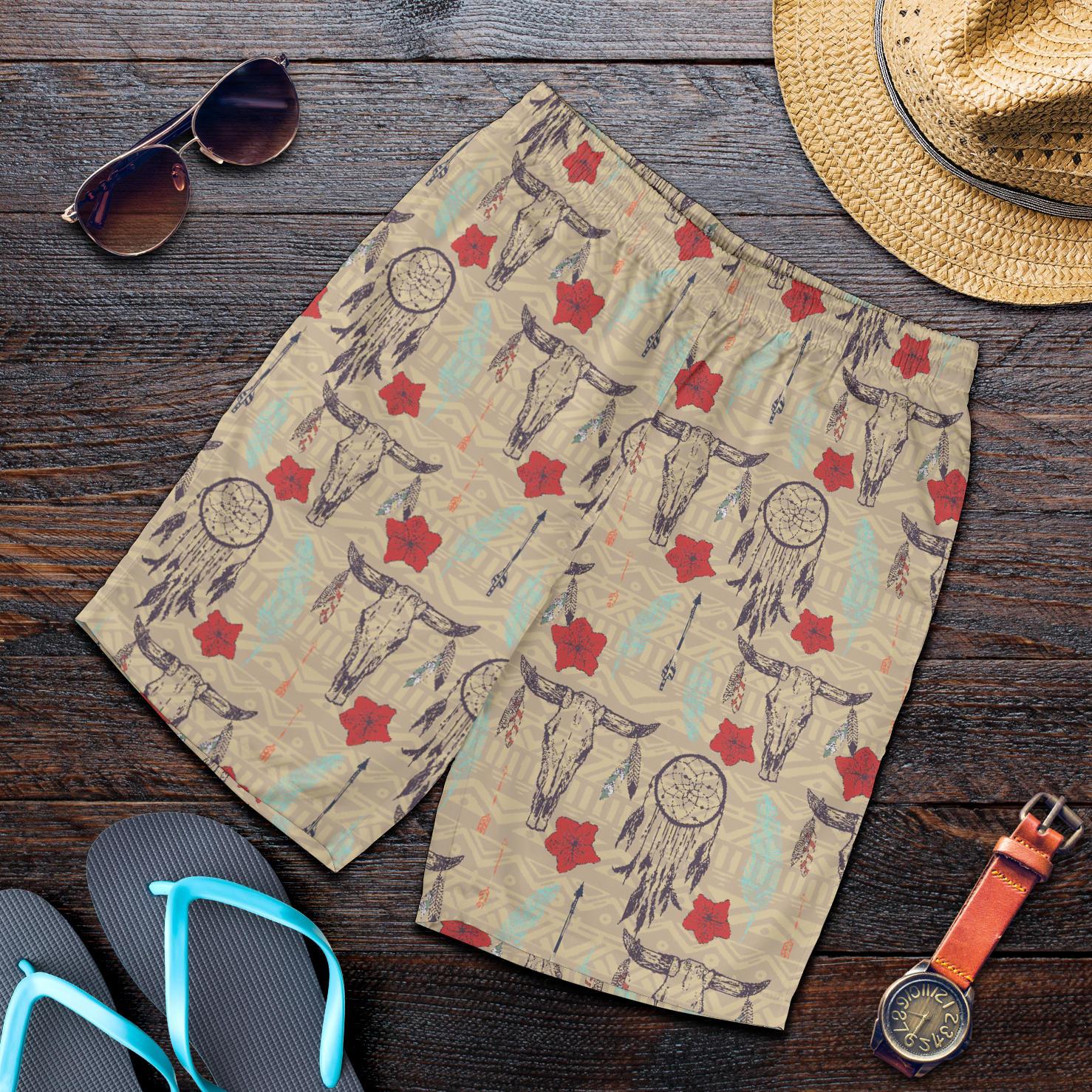 Native Buffalo Head Themed Design Print Mens Shorts-JTAMIGO.COM