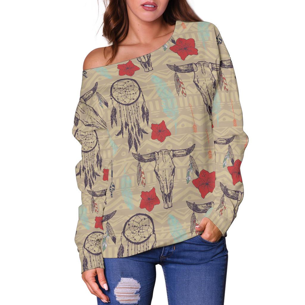 Native Buffalo Head Themed Design Print Off Shoulder Sweatshirt