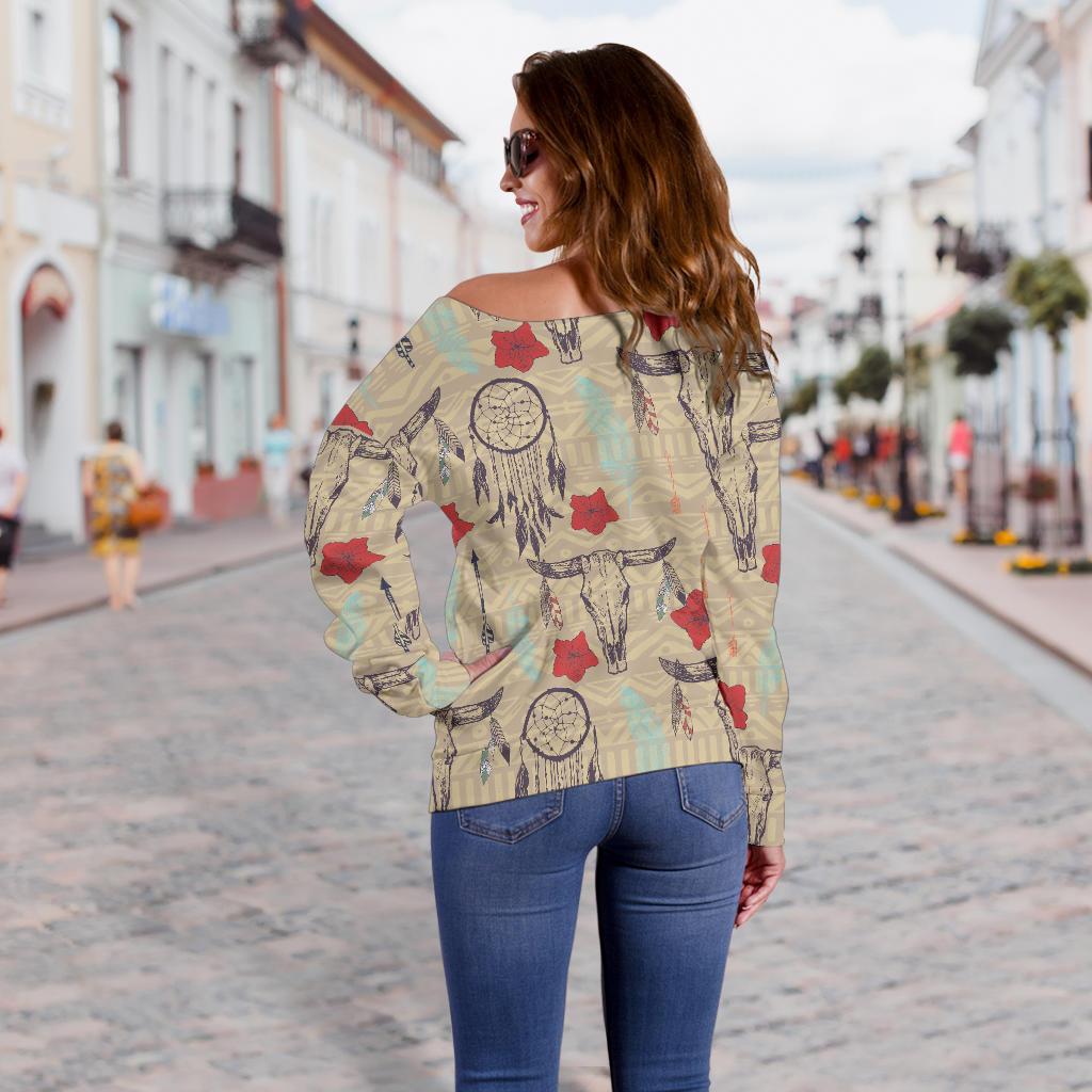 Native Buffalo Head Themed Design Print Off Shoulder Sweatshirt