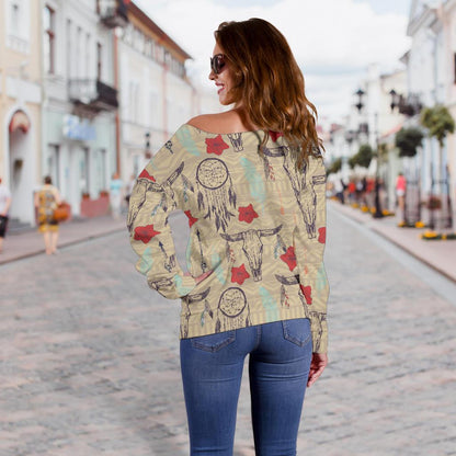 Native Buffalo Head Themed Design Print Off Shoulder Sweatshirt