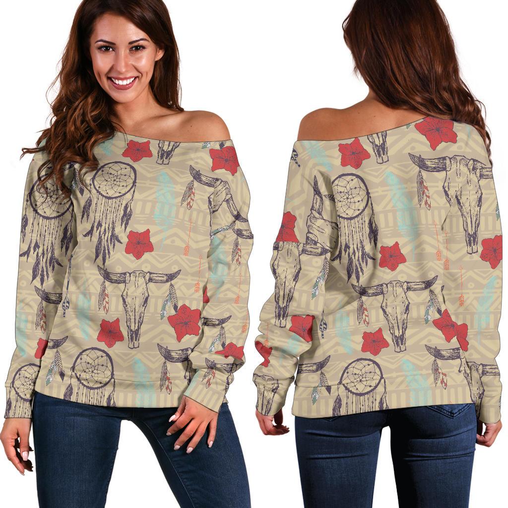 Native Buffalo Head Themed Design Print Off Shoulder Sweatshirt