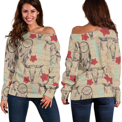 Native Buffalo Head Themed Design Print Off Shoulder Sweatshirt