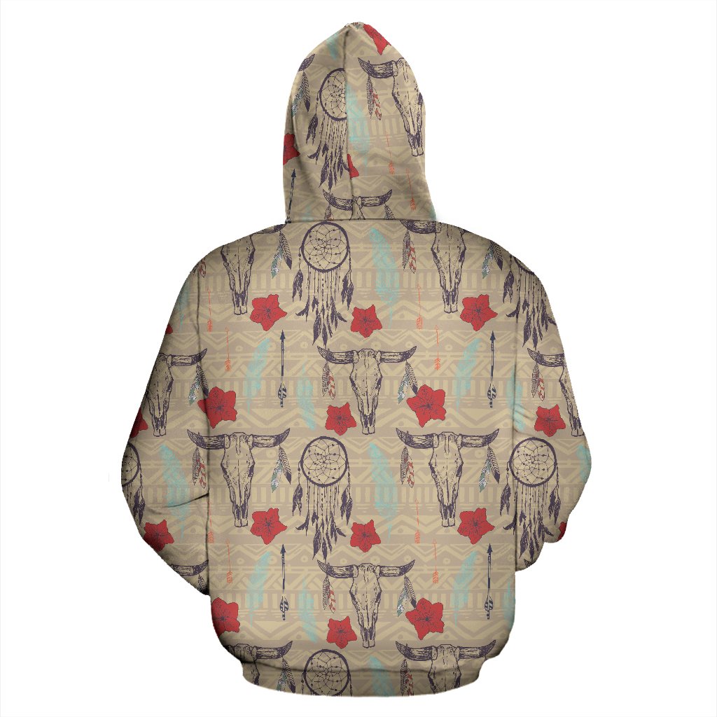 Native Buffalo Head Themed Design Print Pullover Hoodie