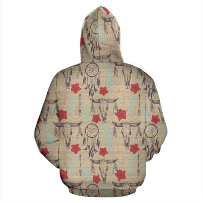 Native Buffalo Head Themed Design Print Pullover Hoodie