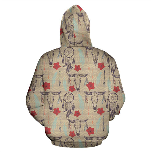 Native Buffalo Head Themed Design Print Pullover Hoodie