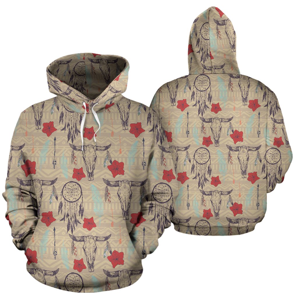 Native Buffalo Head Themed Design Print Pullover Hoodie