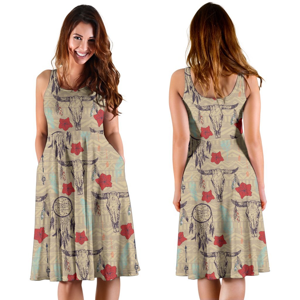 Native Buffalo Head Themed Design Print Sleeveless Dress
