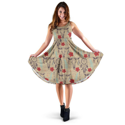 Native Buffalo Head Themed Design Print Sleeveless Dress