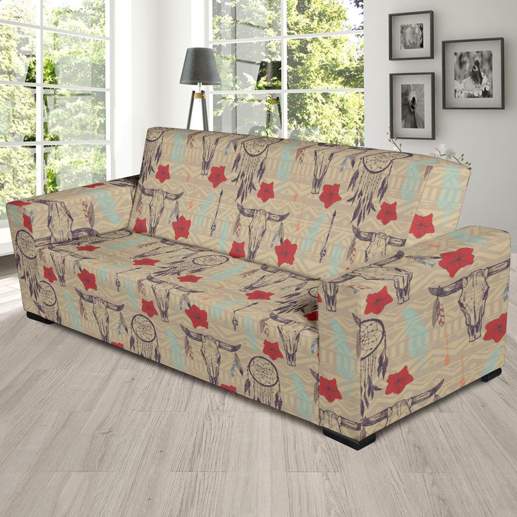 Native Buffalo Head Themed Design Print Sofa Slipcover-JTAMIGO.COM