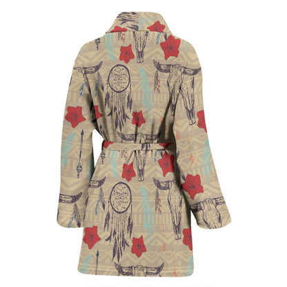 Native Buffalo Head Themed Design Print Women Bath Robe-JTAMIGO.COM