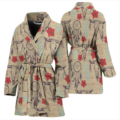 Native Buffalo Head Themed Design Print Women Bath Robe-JTAMIGO.COM