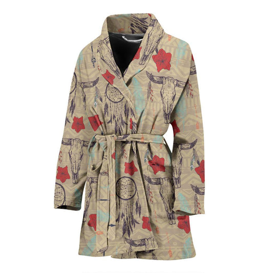 Native Buffalo Head Themed Design Print Women Bath Robe-JTAMIGO.COM