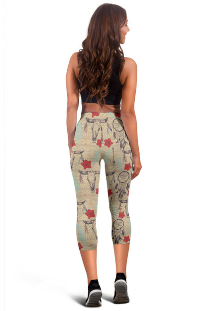 Native Buffalo Head Themed Design Print Women Capris