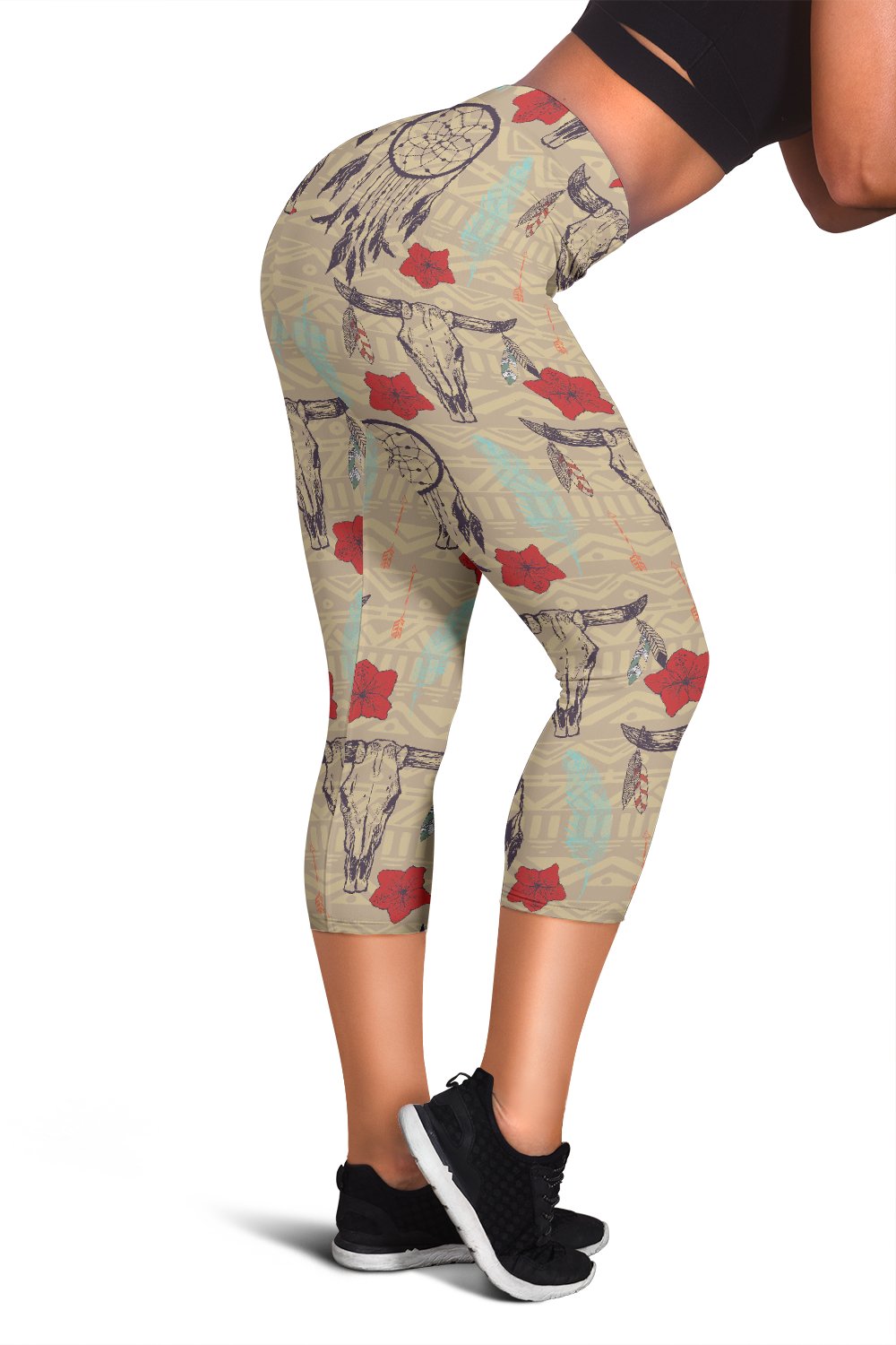 Native Buffalo Head Themed Design Print Women Capris