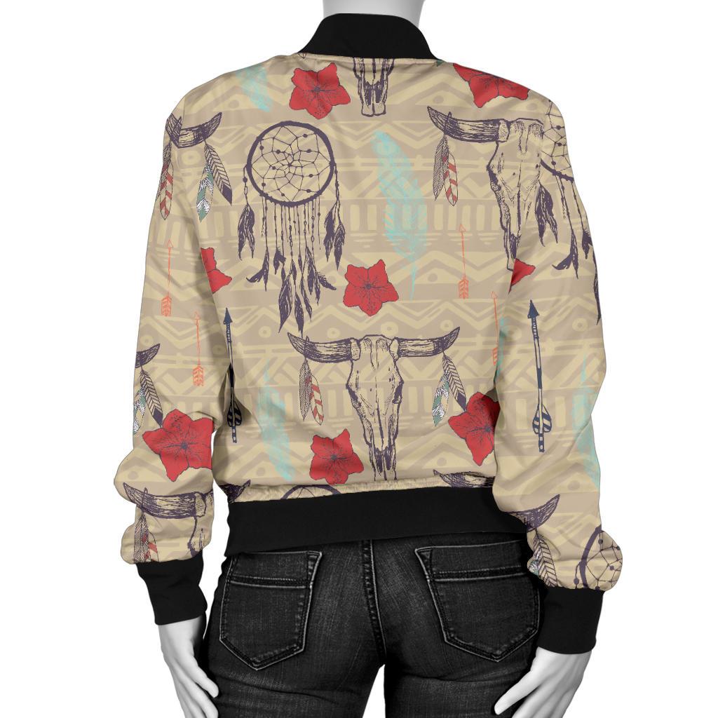 Native Buffalo Head Themed Design Print Women Casual Bomber Jacket