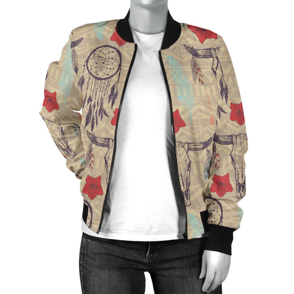 Native Buffalo Head Themed Design Print Women Casual Bomber Jacket