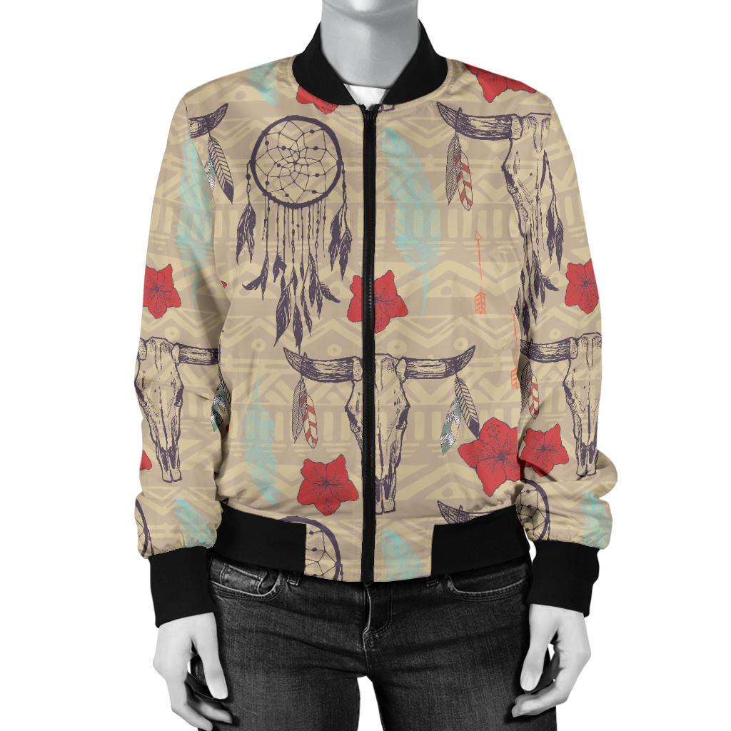Native Buffalo Head Themed Design Print Women Casual Bomber Jacket