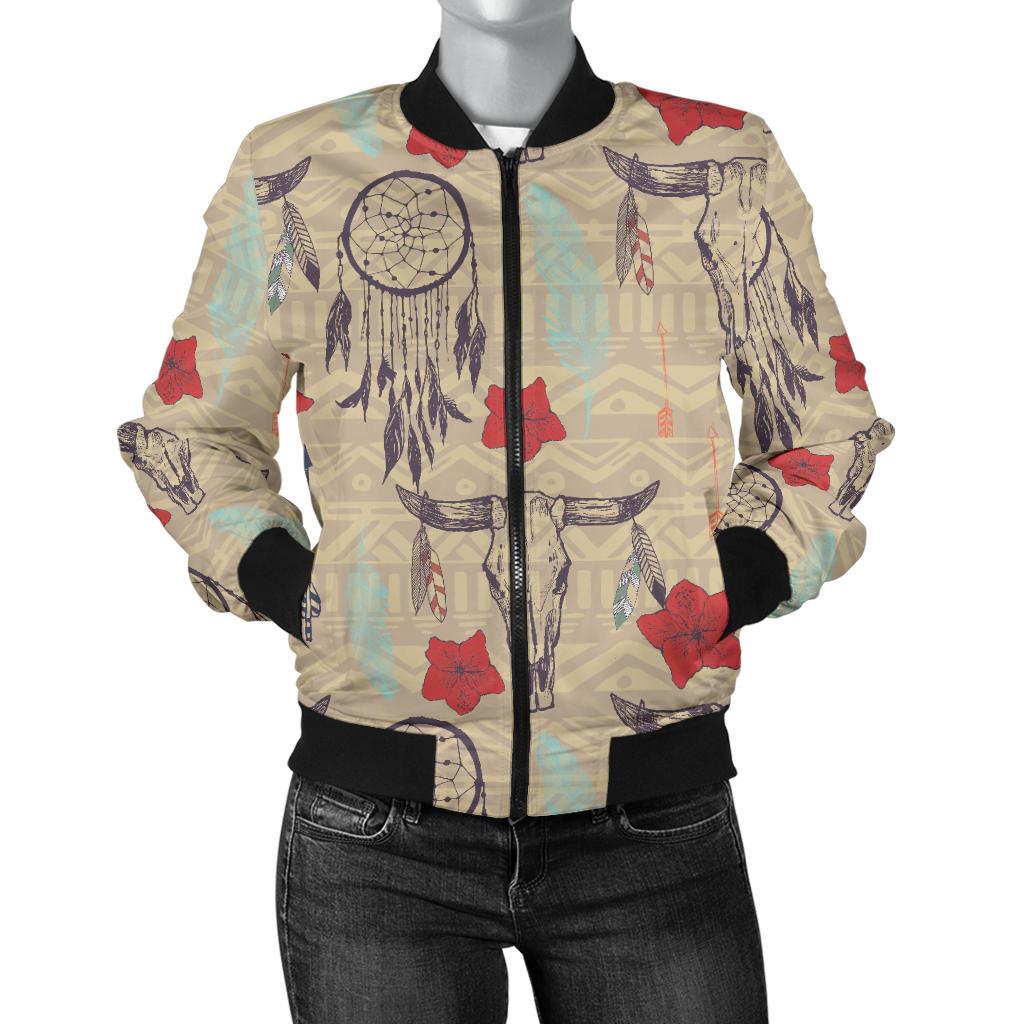Native Buffalo Head Themed Design Print Women Casual Bomber Jacket