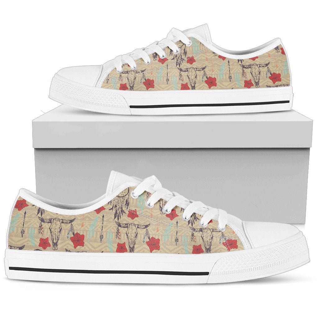 Native Buffalo Head Themed Design Print Women Low Top Shoes-JTAMIGO.COM