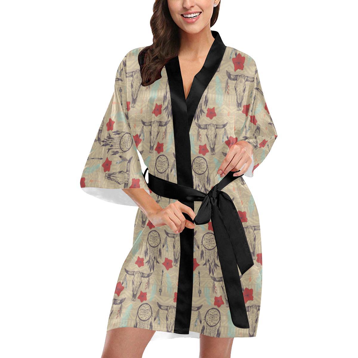 Native Buffalo Head Themed Design Print Women Short Kimono Robe