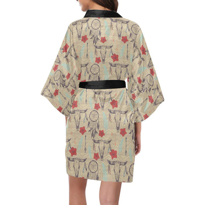 Native Buffalo Head Themed Design Print Women Short Kimono Robe