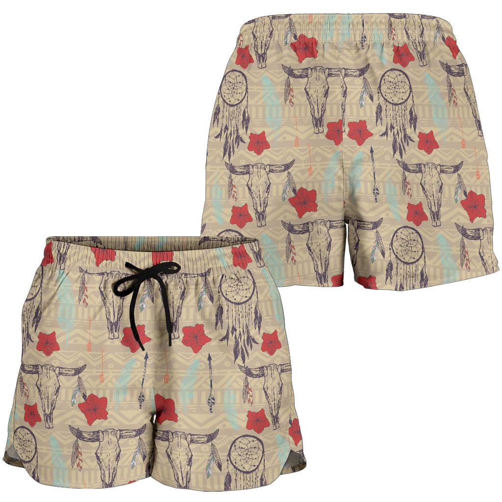 Native Buffalo Head Themed Design Print Women Shorts-JTAMIGO.COM