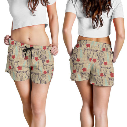 Native Buffalo Head Themed Design Print Women Shorts-JTAMIGO.COM