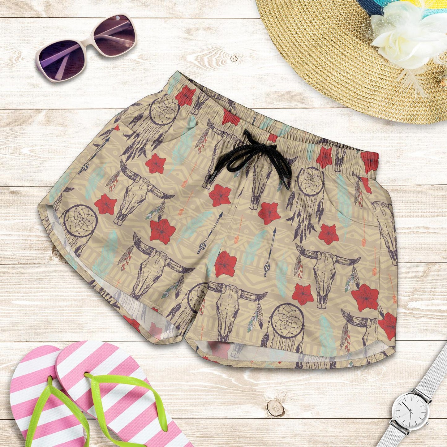 Native Buffalo Head Themed Design Print Women Shorts-JTAMIGO.COM