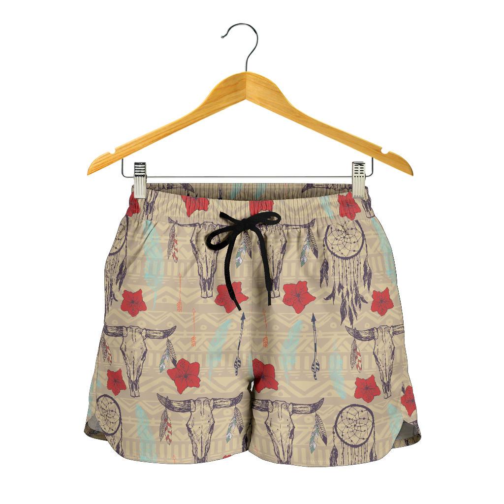Native Buffalo Head Themed Design Print Women Shorts-JTAMIGO.COM