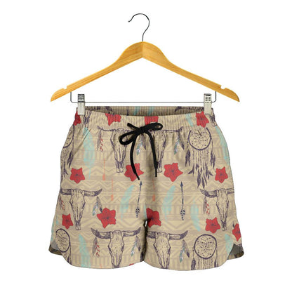 Native Buffalo Head Themed Design Print Women Shorts-JTAMIGO.COM