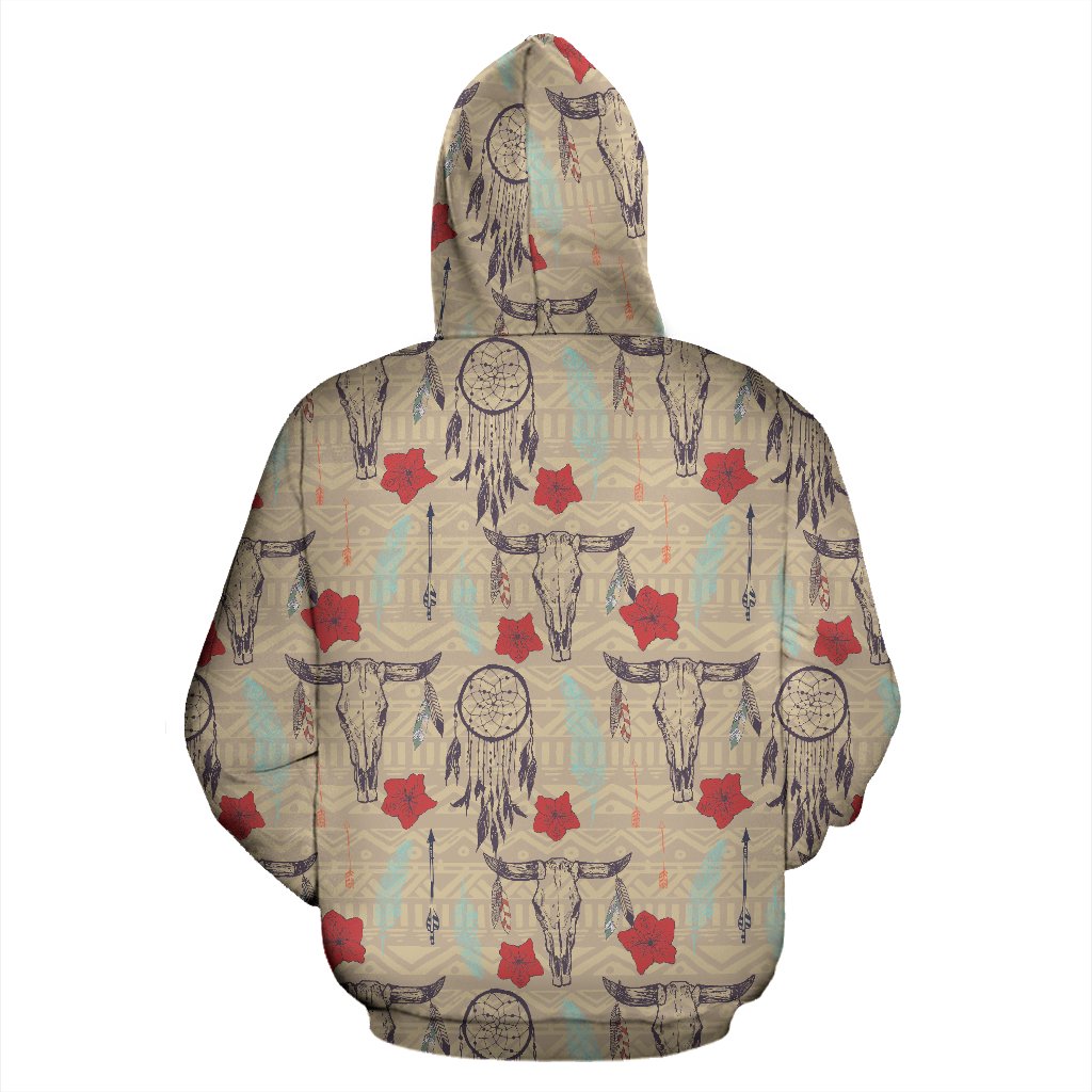 Native Buffalo Head Themed Design Print Zip Up Hoodie