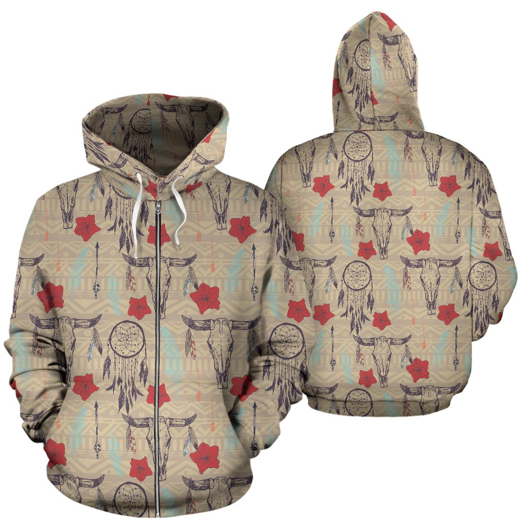 Native Buffalo Head Themed Design Print Zip Up Hoodie