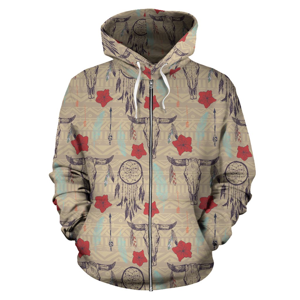Native Buffalo Head Themed Design Print Zip Up Hoodie