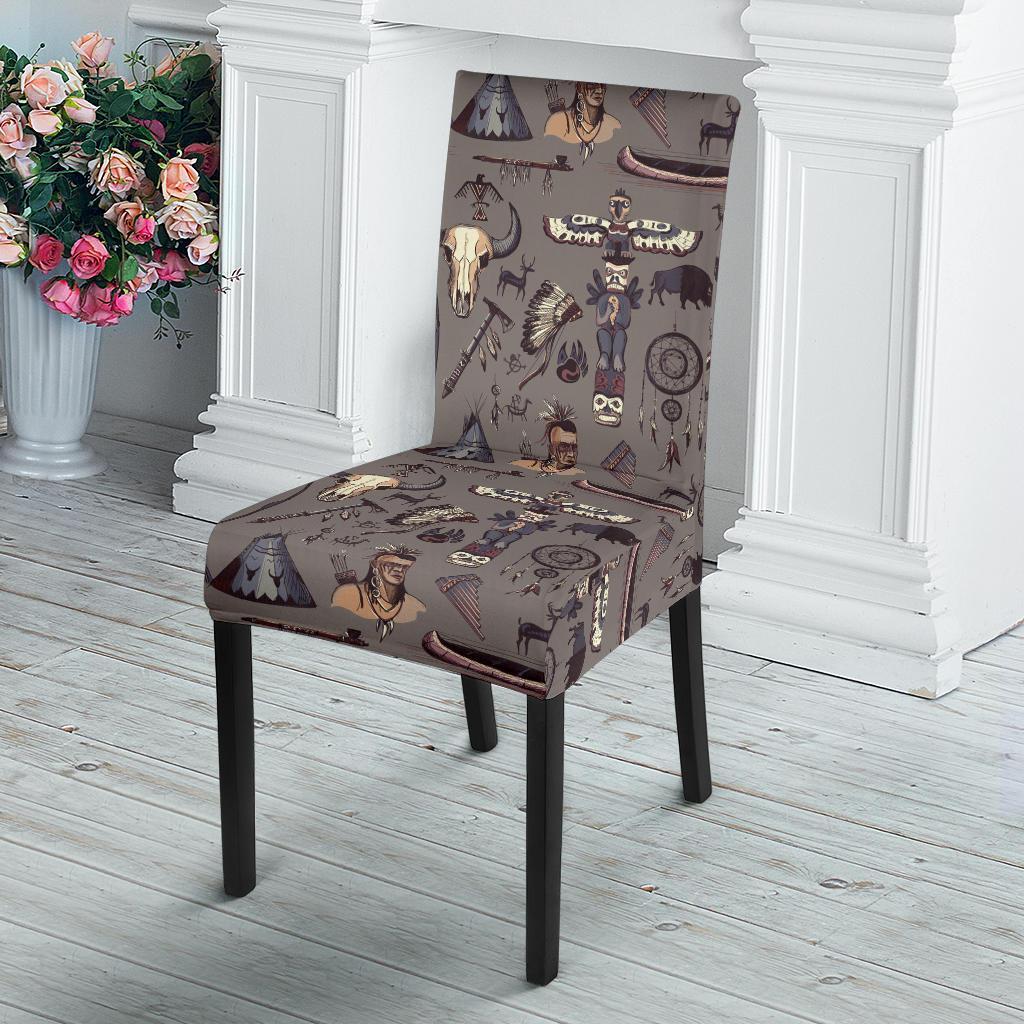 Native Indian life Design Print Dining Chair Slipcover-JTAMIGO.COM