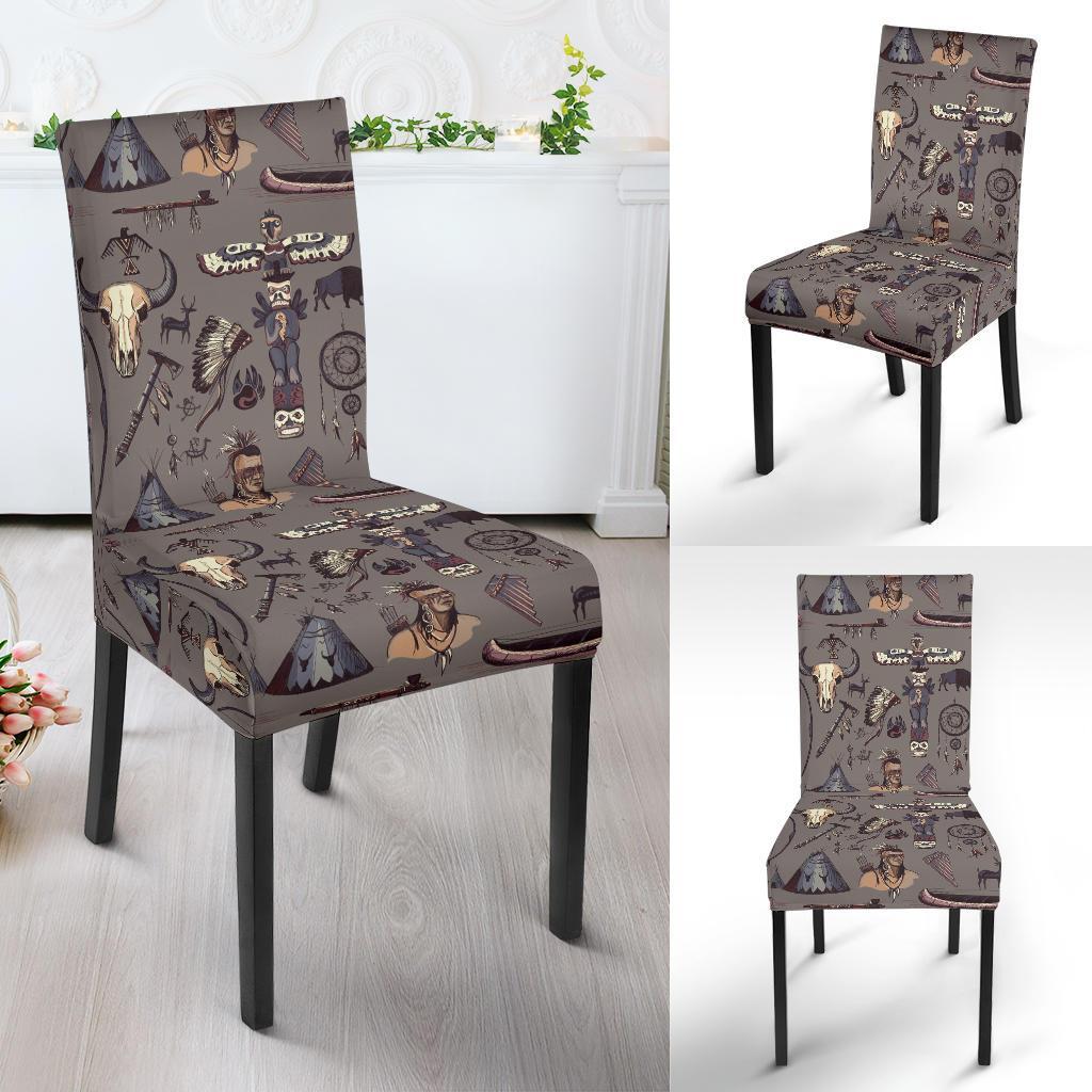 Native Indian life Design Print Dining Chair Slipcover-JTAMIGO.COM