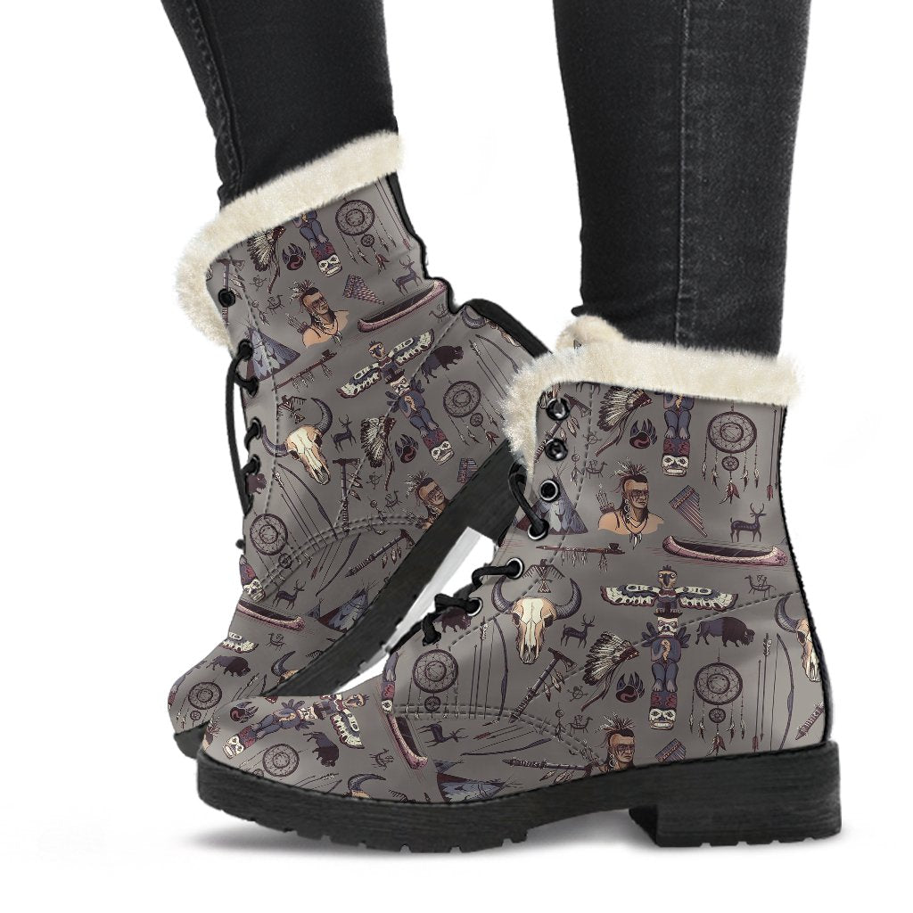 Native Indian life Design Print Faux Fur Leather Boots-JTAMIGO.COM