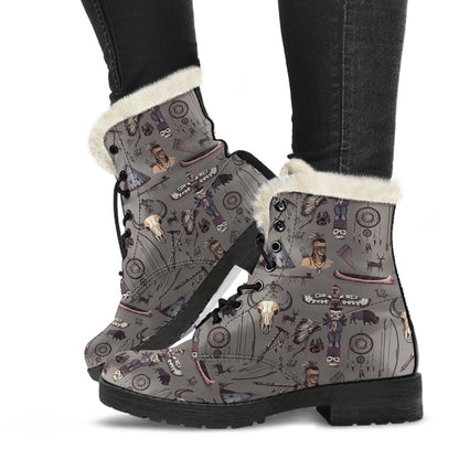 Native Indian life Design Print Faux Fur Leather Boots-JTAMIGO.COM