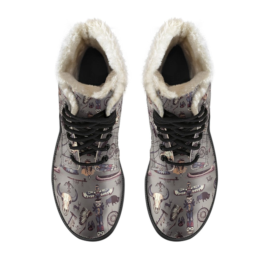 Native Indian life Design Print Faux Fur Leather Boots-JTAMIGO.COM