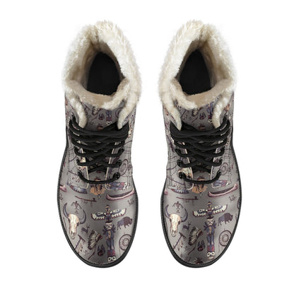 Native Indian life Design Print Faux Fur Leather Boots-JTAMIGO.COM