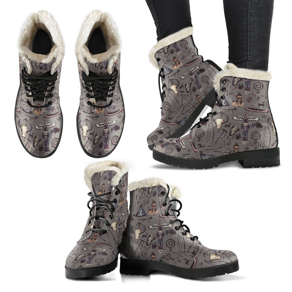 Native Indian life Design Print Faux Fur Leather Boots-JTAMIGO.COM