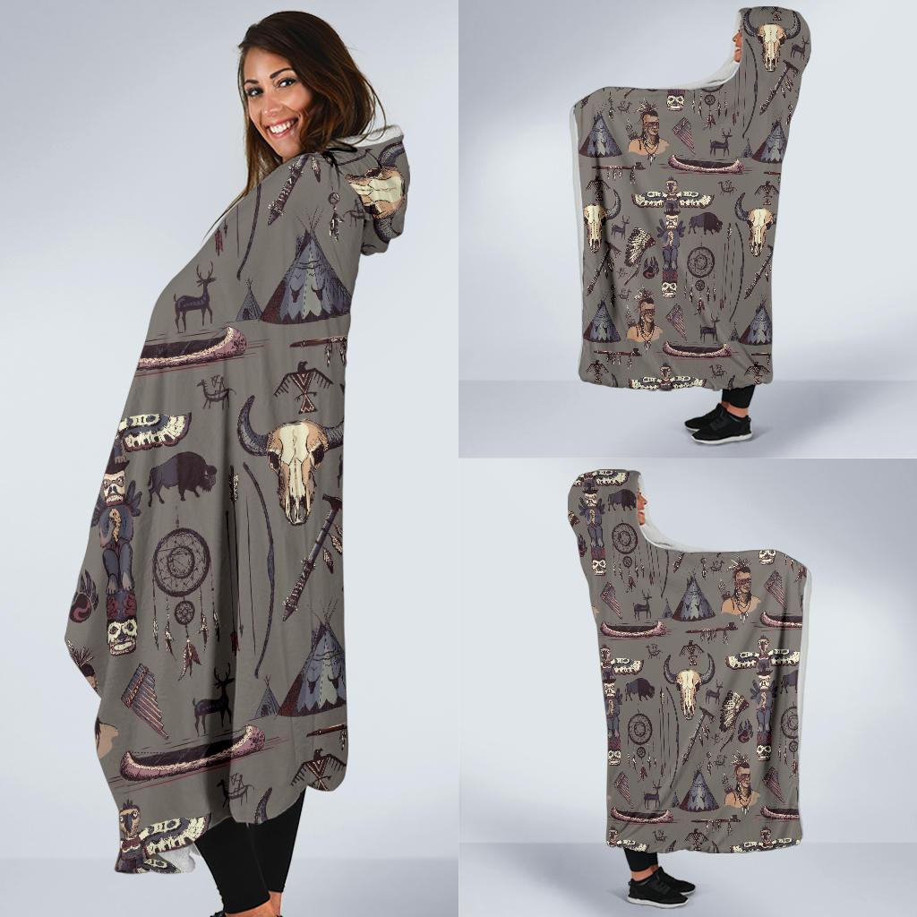 Native Indian life Design Print Hooded Blanket-JTAMIGO.COM