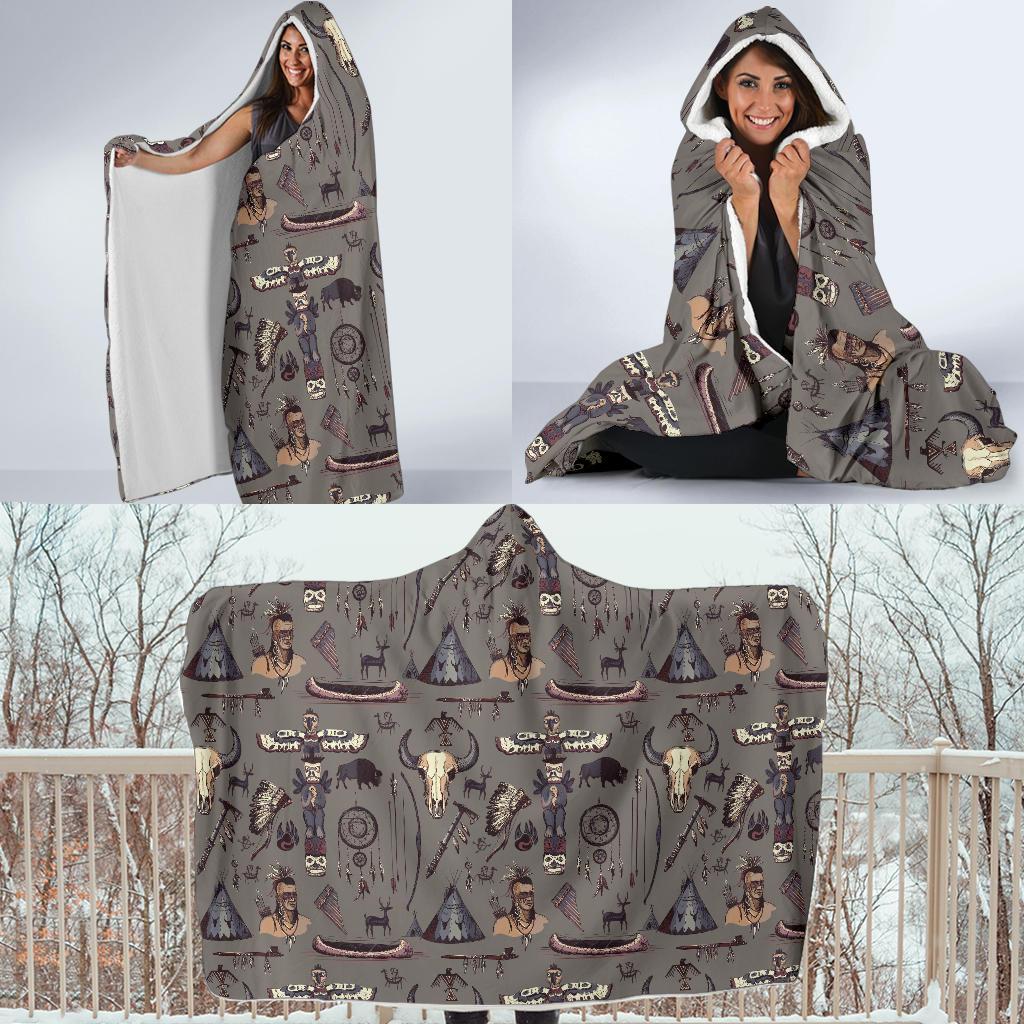 Native Indian life Design Print Hooded Blanket-JTAMIGO.COM